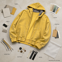 Sweat à capuche zippé RAMAX 400GSM jaune délavé, ourlet brut vieilli, coupe oversize, imprimé streetwear, pour homme, personnalisable OEM ODM, vente en gros