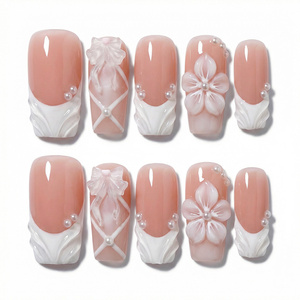 Uñas Postizas Hechas a Mano, Cortas, Medianas, Cuadradas, Uñas Stiletto Adhesivas con Punta Francesa y Diseños de Flores en 3D - Product Image 5