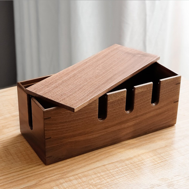 Wooden Rectangle Stackable Desktop Power Cord & Data Cable Storage Box with Modern Simple Design