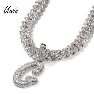 Popular Single Baguette Initial Letter Pendant Personalized Capital Alphabet Name Necklace with Cuban Chain Women Men