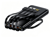 Batterie externe portable PD à charge rapide 10000 mAh au lithium polymère avec 4 câbles intégrés, ports multiples et sortie micro