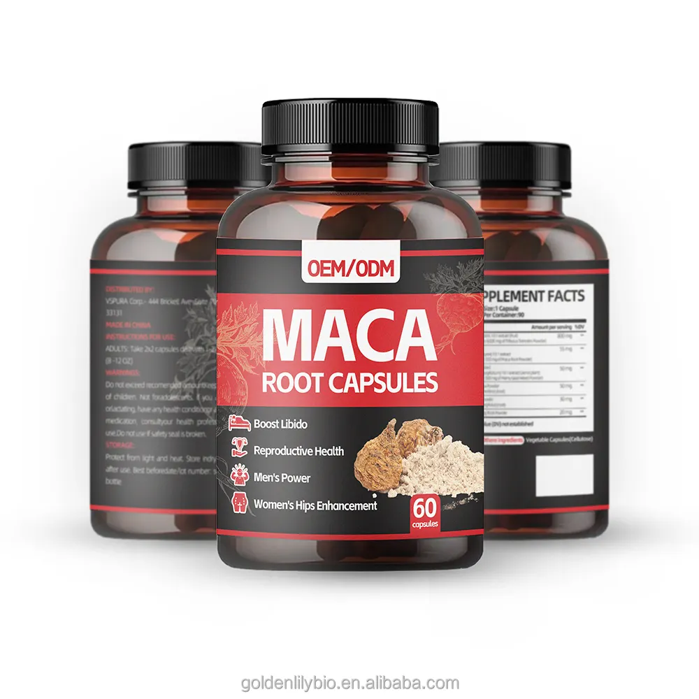 Cápsulas de Maca orgánica OEM para hombre fuerte Cápsulas de raíz de Maca negra 7500Mg Man Energy