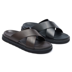 Chaussons pour hommes en cuir véritable antidérapants, dessus en cuir de vachette de qualité supérieure, doux, confortables, respirants, sandales plates pour la maison, tongs - Product Image 1