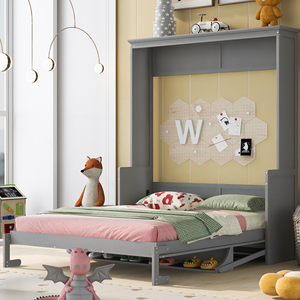 <span class=keywords><strong>Lit</strong></span> Murphy <span class=keywords><strong>mural</strong></span> gris taille Queen avec étagère latérale, meuble de chambre multifonctionnel - Product Image 5