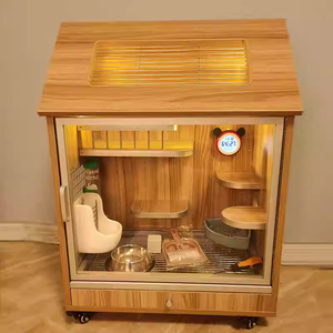 บ้านแมวไม้ทรงบ้านพร้อมไฟ LED คอนโดแมวหลายชั้นพร้อมล้อเลื่อนและพื้นที่ให้อาหาร บ้านแมวไม้แบบกำหนดเองได้ - Product Image 2