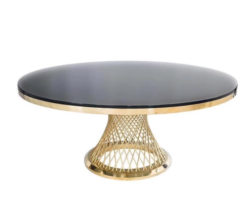 Tabela de aço inoxidável banhada a ouro, 6 pés de mesa redonda com parte superior de vidro preto para decoração do casamento do hotel e do evento