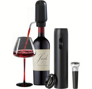 Ensemble 4-en-1 : Bouchon de vin en métal, coupe-capsule, tire-bouchon automatique, décanteur aérateur et ouvre-bouteille électrique rechargeable noir - Product Image 1