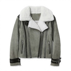 Women's Shearling Lined <b>Suede</b> Moto <b>Jacket</b> With Zipper Closure And Stand Collar Winter Warm Biker Style Coat - Product Image 2
