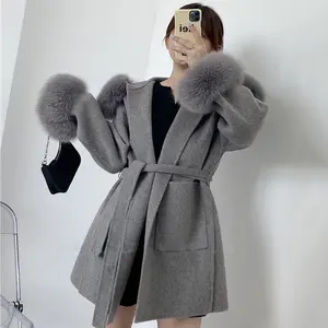 Abrigo largo con capucha para mujer, abrigo de lana, gabardina de Cachemira con manguito de piel de zorro, gran oferta