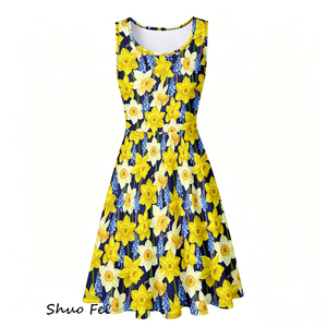 Abito da donna senza maniche con stampa di narcisi gialli e giacinti blu, modello A-Line, per feste primaverili - Product Image 2