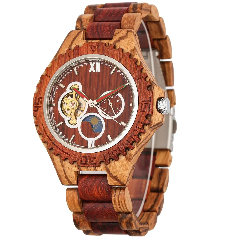 Fashion Luxury Business Big Large Dial Hollow Sun Moon Stars Men's Wooden Mechanical Watches for Men