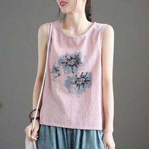 Cotton Linen Camisole Vest For Women Pink Artistic Floral Print Loose Fit Summer Top Breathable Outerwear <b>Base</b> <b>Layer</b> - Product Image 1
