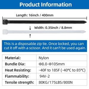 Bridas para cables de 16 pulgadas, abrazaderas de sujeción de alta resistencia de 175 libras para usos múltiples, de nailon 66, 8.8*400 mm, sujetadores de plástico, correas para cables - Product Image 2