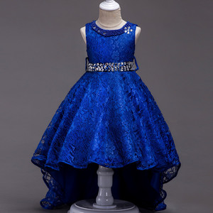 Girls Lace Princess <b>Dress</b> With Long Train Stage <b>Dance</b> Performance Wear Blue High Low Hem For Children - Product Image 1