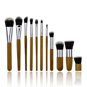 Luxury Antibacterial Face Wood Brush Makeup Logo 11pcs Natural Hair Bamboo Unique Brown Makeup Brush Set With Canvas Bag