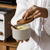 Ensemble de 3 pots à sucre avec couvercle en bois, cuillère à encoche et plateau en bois, 250 ml, en céramique gris mat et blanc, pots à épices à parois droites