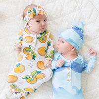 Pakaian Ramah Lingkungan 95% Viscose Bambu Spandex Gaun Bayi Baru Lahir dengan Sarung Tangan Berikat dan Kupluk serta Bando Senada