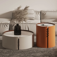 Ensemble de table basse ronde en bois contreplaqué de style nordique moderne avec cadre en bois et cuir de selle, couleur personnalisée, pour salon