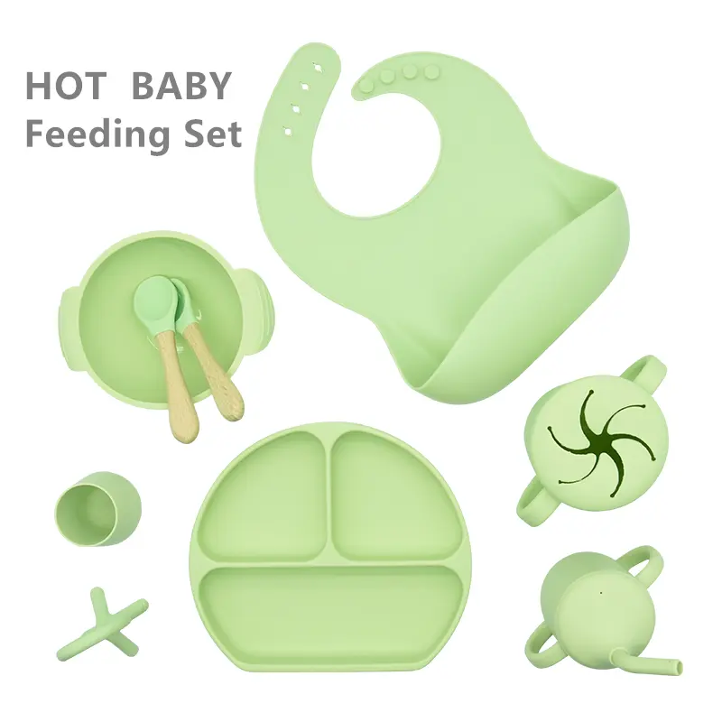 Wholesale Toddler Independent Training Baby Feeding Supplies Pre Spoon Learning Cup Silicone Suction Bowl and Plate Set