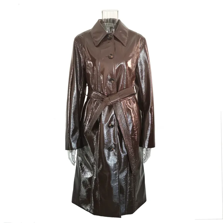 Glossy Women Fashion 2020 Brown Faux PU Leather Trench Long Coat