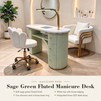 Table de manucure professionnelle avec aspirateur de poussière, plateau en marbre blanc cannelé bleu, finition dorée, mobilier de salon de manucure avec chaise, OEM