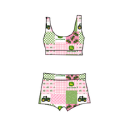 Ensemble deux pièces d'été respirant pour fille, imprimé vintage, avec débardeur en tissu peigné motif cerises et short en dentelle