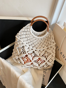 Borsa di paglia da spiaggia con rete di cotone borsa in paglia da spiaggia Cestello da mercato francese Bask estivo - Product Image 4