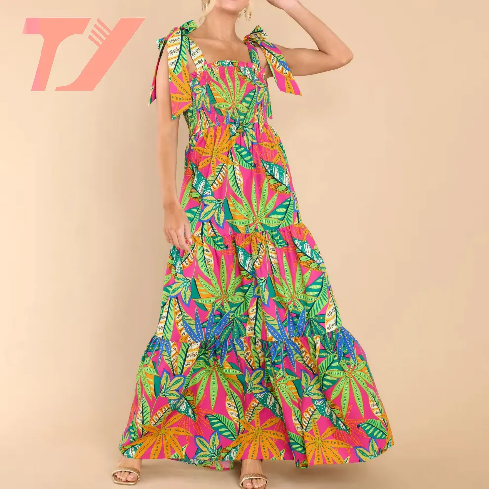 TUOYI kadın boho elbise mütevazı tasarımcı plaj maxi fırfır elbise dize yay özel tüm dijital baskılı çiçek elbise