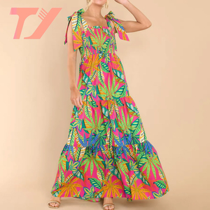TUOYI Women's Boho <strong>Dress</strong> Modest Designer Beach Maxi <strong>Ruffle</strong> <strong>Dress</strong> String Bow Custom <strong>All</strong> Over Digital Printed Floral <strong>Dress</strong> - Product Image 1