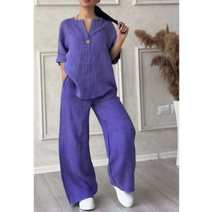 Conjunto de 2 Piezas de Pantalones Anchos Casuales de Color Sólido, de Algodón y Lino, para Mujer - Product Image 2