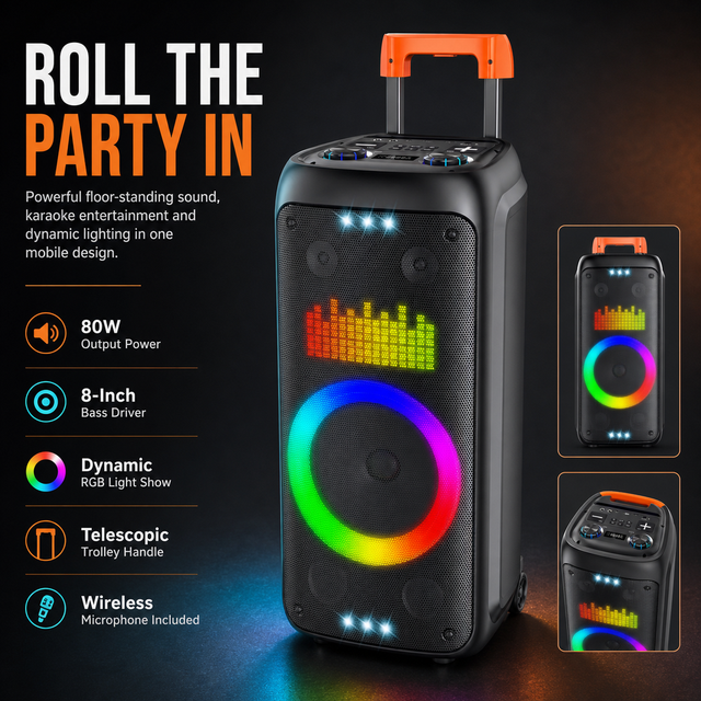 HANSUO HS-TS08G8 80W 8 Inch Portable Karaoke Party Speaker with 5400mAh Battery Wireless Microphone USB FM and Color Lights