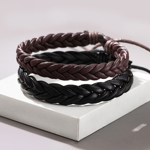 Handmade Braided Three Strand <b>Leather</b> <b>Bracelet</b> Black And Brown Unisex Fashion Jewelry - Product Image 2