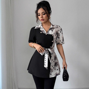 <span class=keywords><strong>Blusa</strong></span> Casual autunnale da donna con colletto rovesciato a <span class=keywords><strong>maniche</strong></span> <span class=keywords><strong>corte</strong></span> antiimbottitura in poliestere con bottoni decorativi - Product Image 3