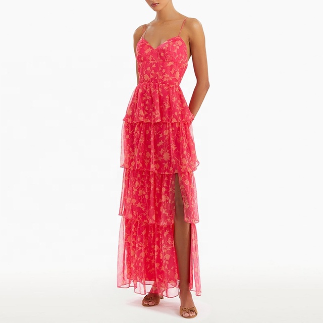 Women Maxi Dress Tiered Side Slit Crinkle Chiffon Floral Print High Slit Summer Maxi Dress
