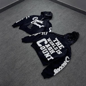 Sudadera de algodón personalizada con cremallera y diamantes de imitación para hombre, sudadera con parche bordado y cremallera de gran tamaño - Product Image 1