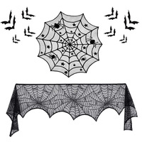 Ensemble de chemin de table et nappe en polyester noir à motif toile d'araignée en dentelle, style Halloween Europe Amérique, et draperie de cheminée, en stock