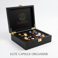 Boîte à capsules de café Landy compacte en bois noir mat, rectangulaire, gravée, de qualité supérieure, avec 4+1 emplacements, organiseur de dosettes, coffret de rangement, vente en gros