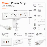 Stop Kontak Meja Putih dengan Kabel Ekstensi Daya Pengisian Cepat USB-C, 4 Stop Kontak AC, dan Kabel 2m