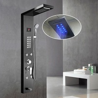 Colonne de douche murale en acier inoxydable noire avec cascade de pluie, éclairage LED, panneau de douche intelligent