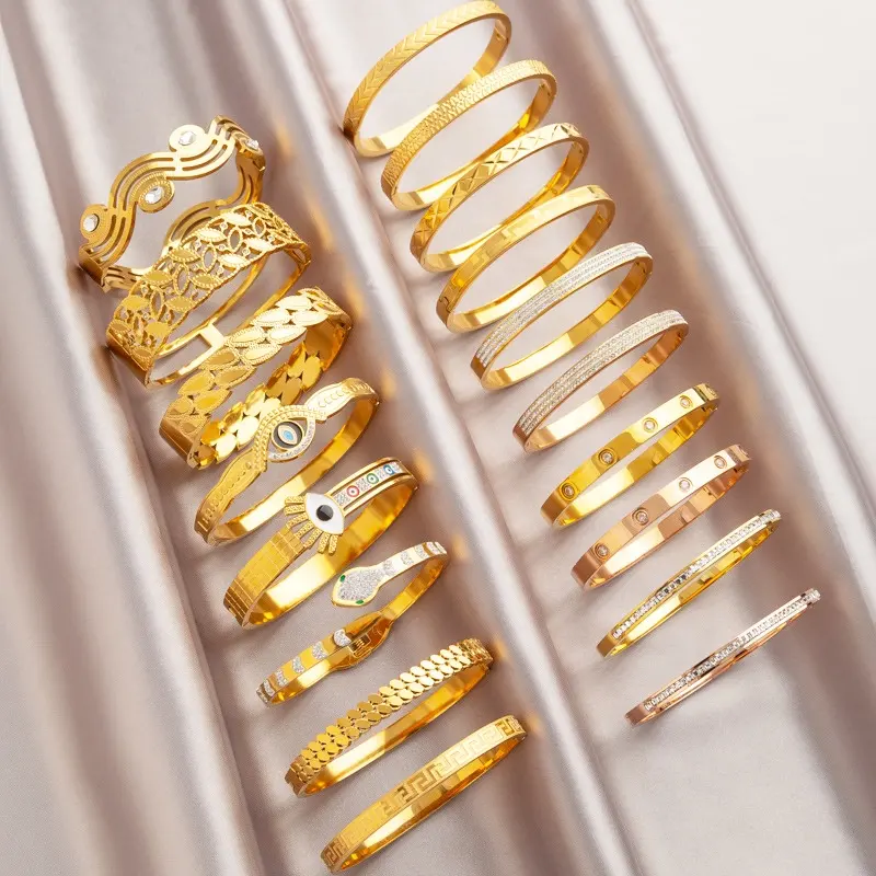 Joyas De Acero gelang perhiasan mode wanita, gelang lapis emas 18K, gelang manset baja tahan karat untuk wanita