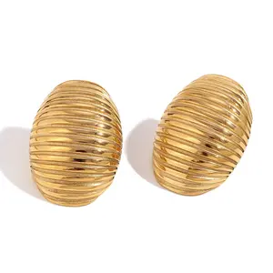 Earring 2024 Jewelry Exaggerated Engraved Oval Stripe Stud Earrings For Women 18K Gold Plated Stainless Steel Statement Earrings