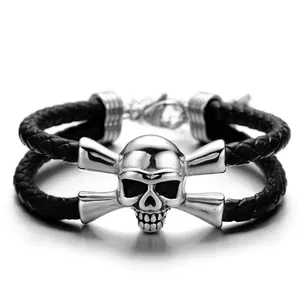 316L Stainless Steel Skeleton Male Bracelet Pirate Skull Head Adjustable Charm Bracelet Braided Leather Rope Bangles Men