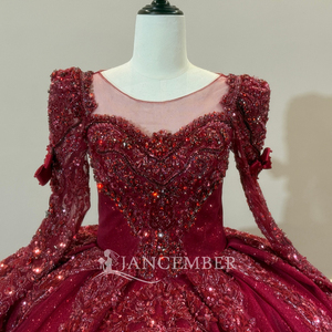 XS315 Classic Red Full Sleeve Crystal Empire Evening Ball Gown <b>Dresses</b> <b>With</b> Bow - Product Image 5