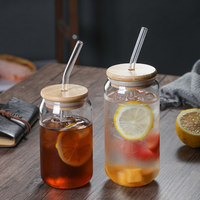 Gobelet en verre dépoli transparent pour canette de bière avec paille et couvercle en bambou – Ensemble élégant de vaisselle pour boissons