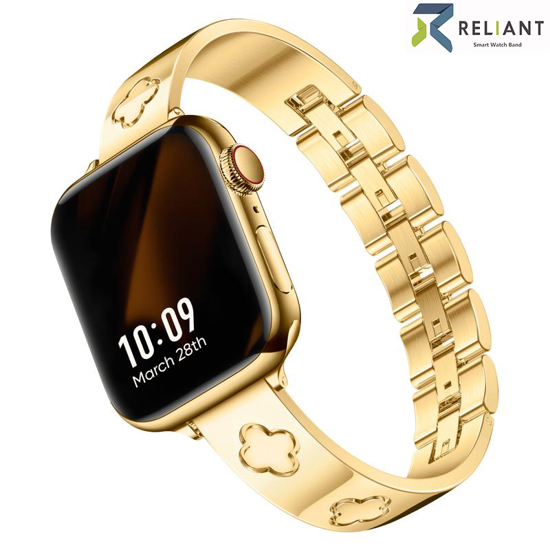 Women 18K Gold Floral Four-leaf Clover 316L Stainless Steel Hand Adjustable Bracelet Band Strap for Apple Watch WB0251S