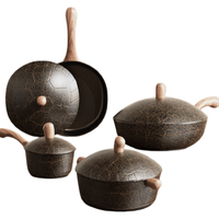 Ensemble de 4 casseroles en granit antiadhésives pour tous types de cuisinières, résistantes à la chaleur, avec poignées en bois, couvercles à micro-pression, compatibles lave-vaisselle