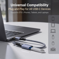 Adaptador VegGieg USB C 3.2 OTG de 10 Gbps, Carcasa de Aleación de Aluminio Gris Metálico con Cable OFC Trenzado de Malla Negra y Gris, Alta Velocidad Tipo C