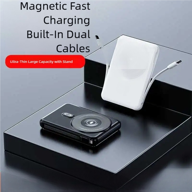 10000mAh 15W Magnetic Fast Charging Power Bank Built-in Dual Cables Kickstand Watch Stand Wireless Charging LED Digital Display