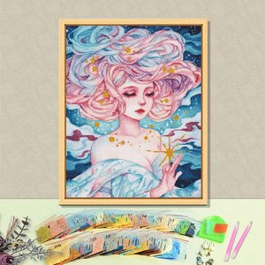 Kit de Peinture Diamant DIY Fille aux Fleurs, Broderie de Strass Ronds en Cristal, Bouquet Encadré, Art Mural Classique Rectangulaire - Product Image 1