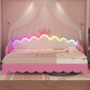 Modern Twin Extending Daybed with LED Lights, Modern Upholstered Princess Daybed With Crown Headboard Pink for Hotel Use - Product Image 1